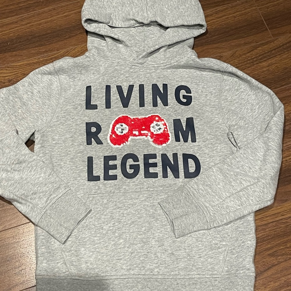 GAP Gray Hoodie with Navy Text and Red Sequin Gamer Graphic